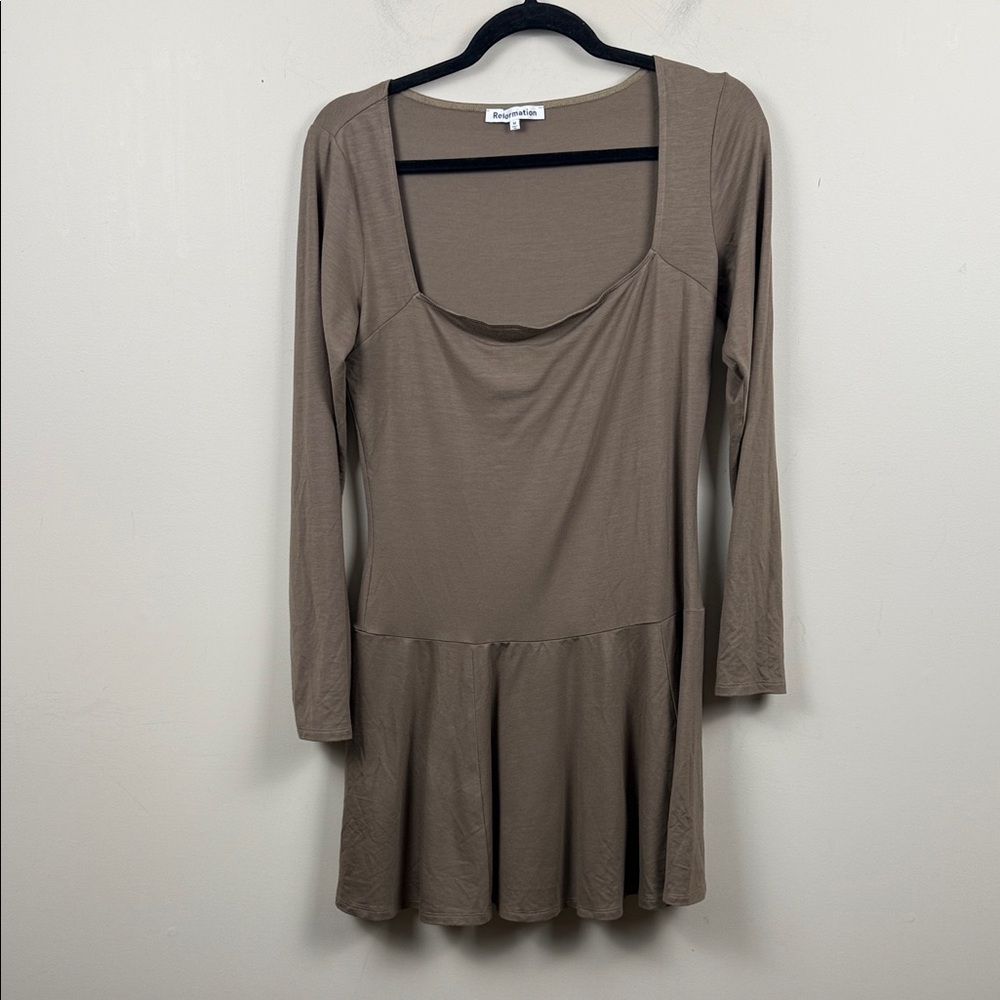 Reformation coen Brown Long Sleeve Square Neck Fit & Flare Mini Dress medium - Picture 2 of 8